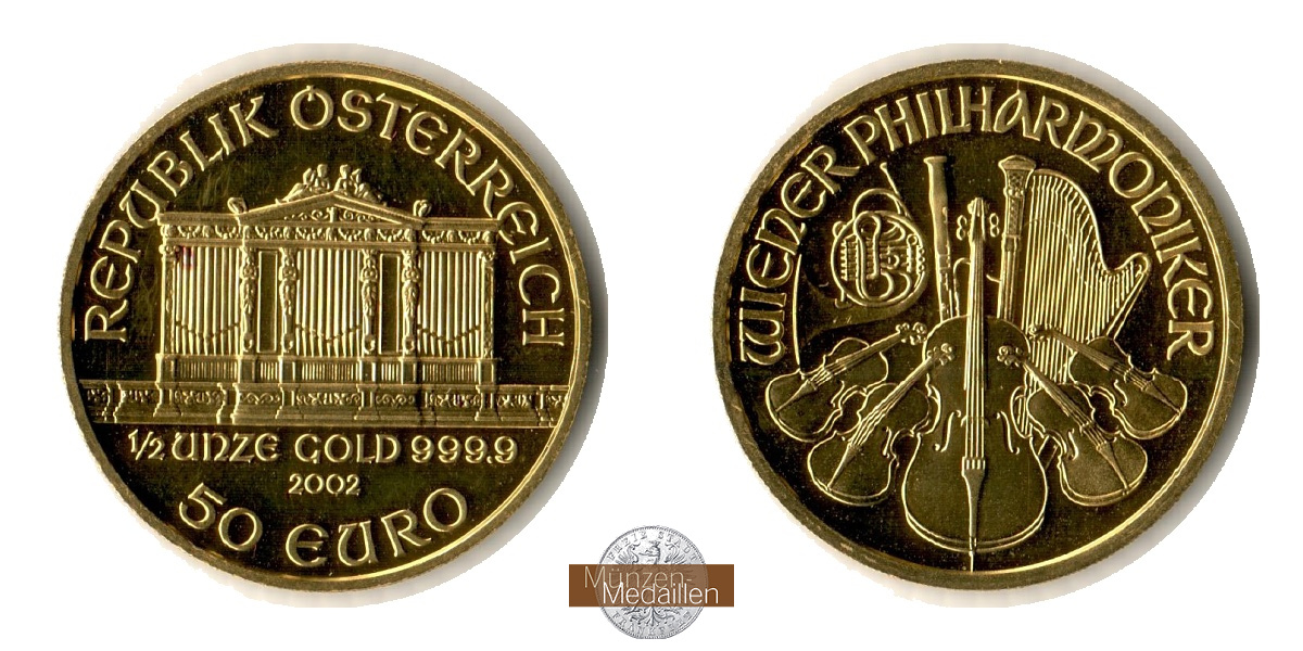 Österreich,   50 Euro MM-Frankfurt  Feingold: 15,5g Wiener Philharmoniker 2002 