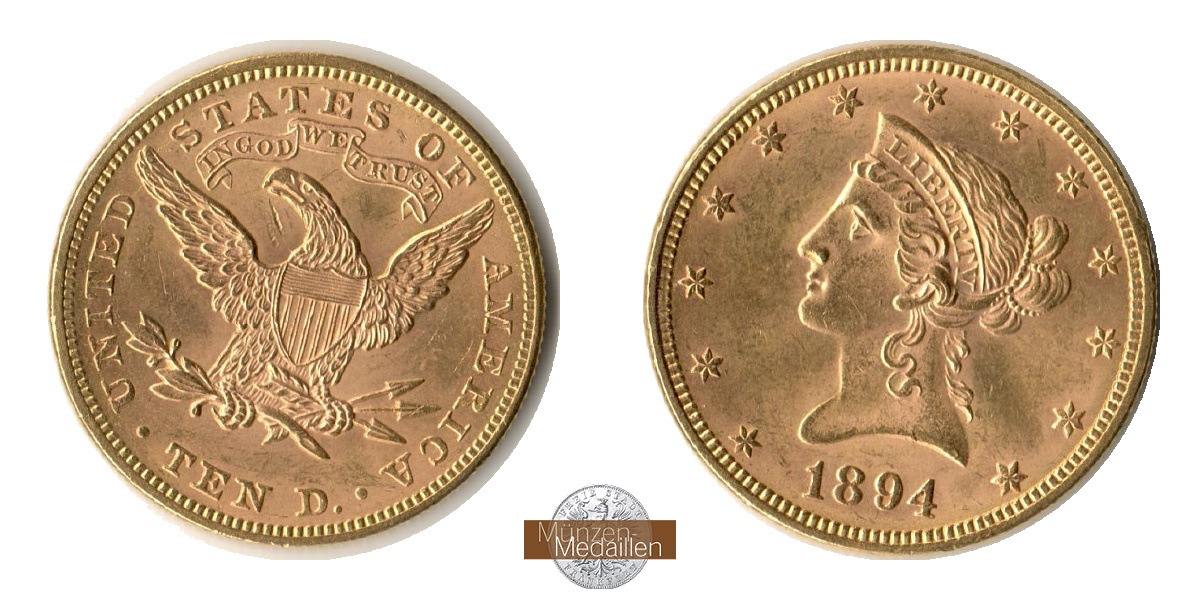  USA 10 Dollars (Coronet Head) 1894 (1866-1907) MM-Frankfurt KM#102 Feingold: 15,05g   