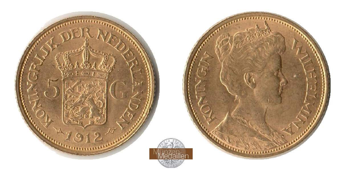 Niederlande, Wilhelmina MM-Frankfurt KM#151 Feingold: 3,02g 5 Gulden 1912 