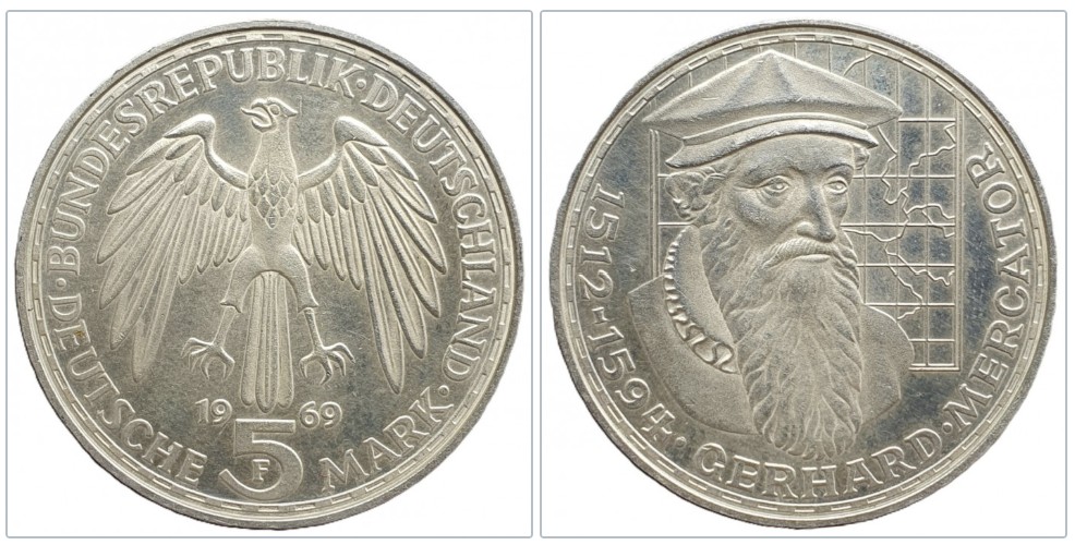  Deutschland 5 Mark, 1969 F 375. Todestag von Gerhard Mercator Silber 7g fein   