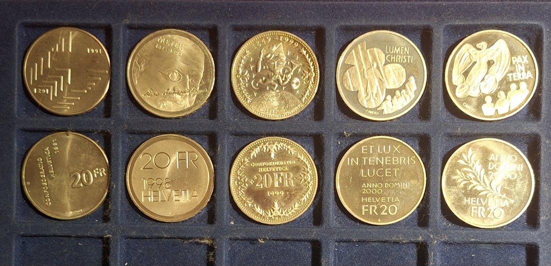  Schweiz 5x20 CHF 1991 und 1998-2000 Sonder-/Gedenk- Münzen lose 83,5g Silber fein   