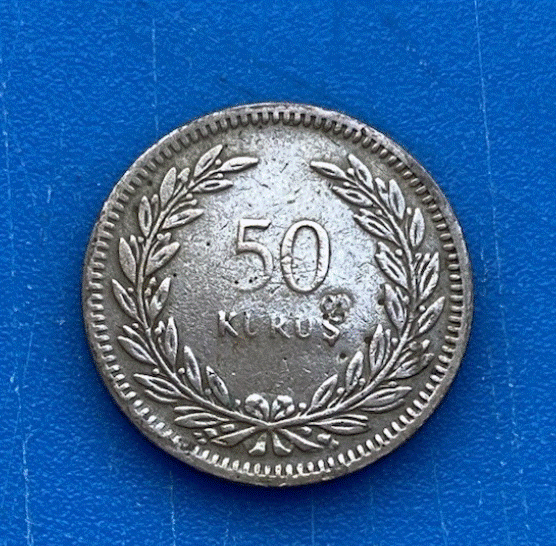  SILBER - Türkei 50 Kuruş 1947 Halbmond & Stern Lorbeerkranz   