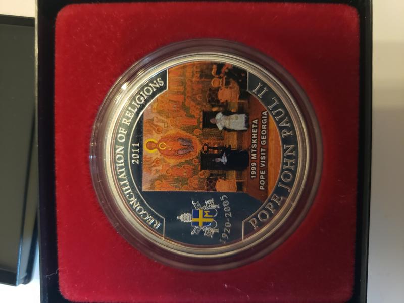  1 Dollar, Republic of Palau, Papst John Paul II in Georgien 1999, coloriert, versilbert   