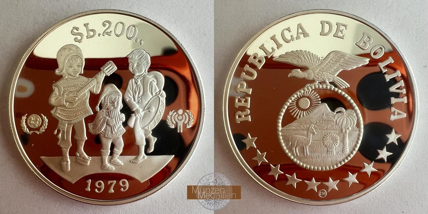  Bolivien 200 Pesos Bolivianos 1979 (Year of the Child) Proof FM-FRANKFURT KM#198 Feinsilber: 21,58g   