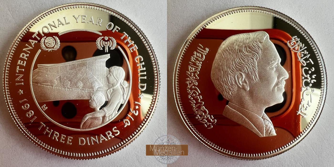  Jordianien 3 Dinars - Hussein (IYC)(1981) Proof FM-FRANKFURT KM#43 Feinsilber: 21,58g   