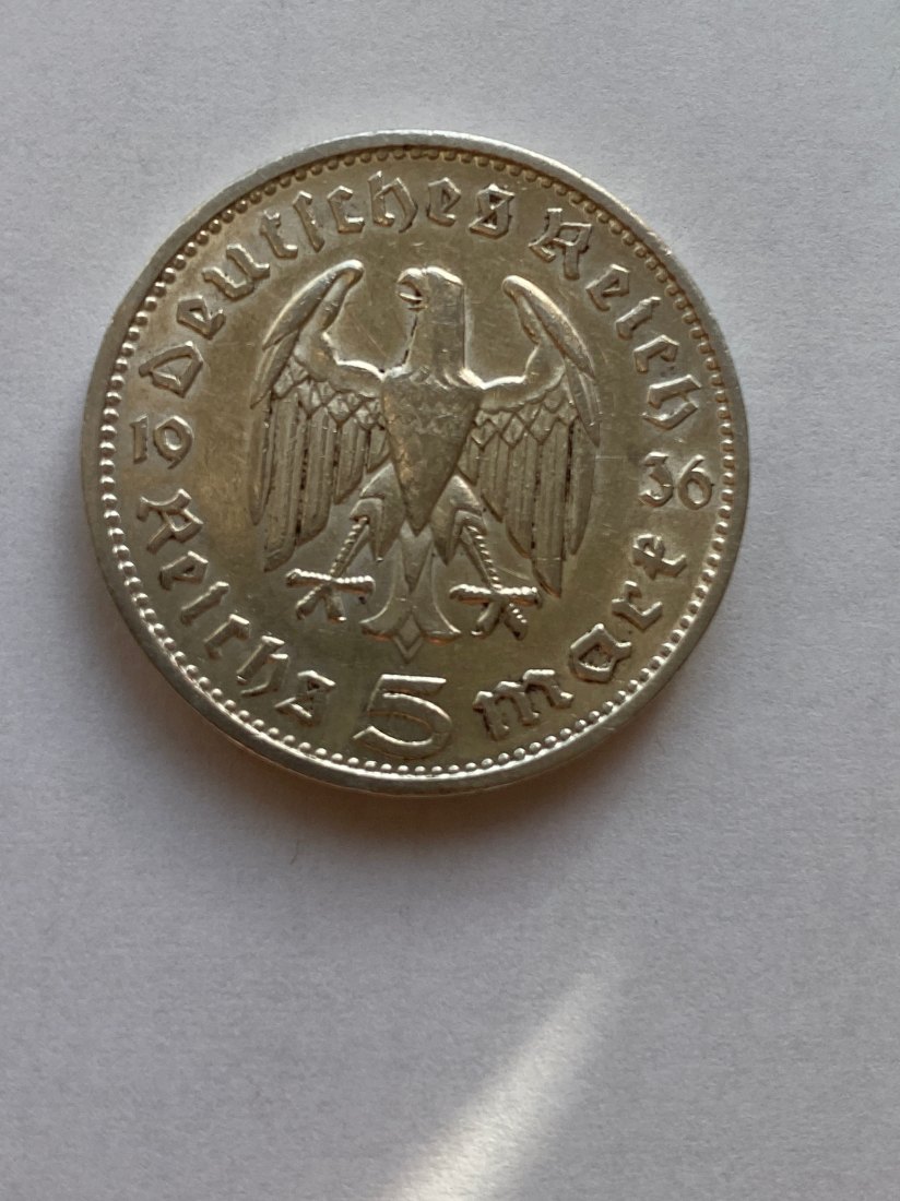 5 Deutsche Reichsmark, Hindenburg, 1936   