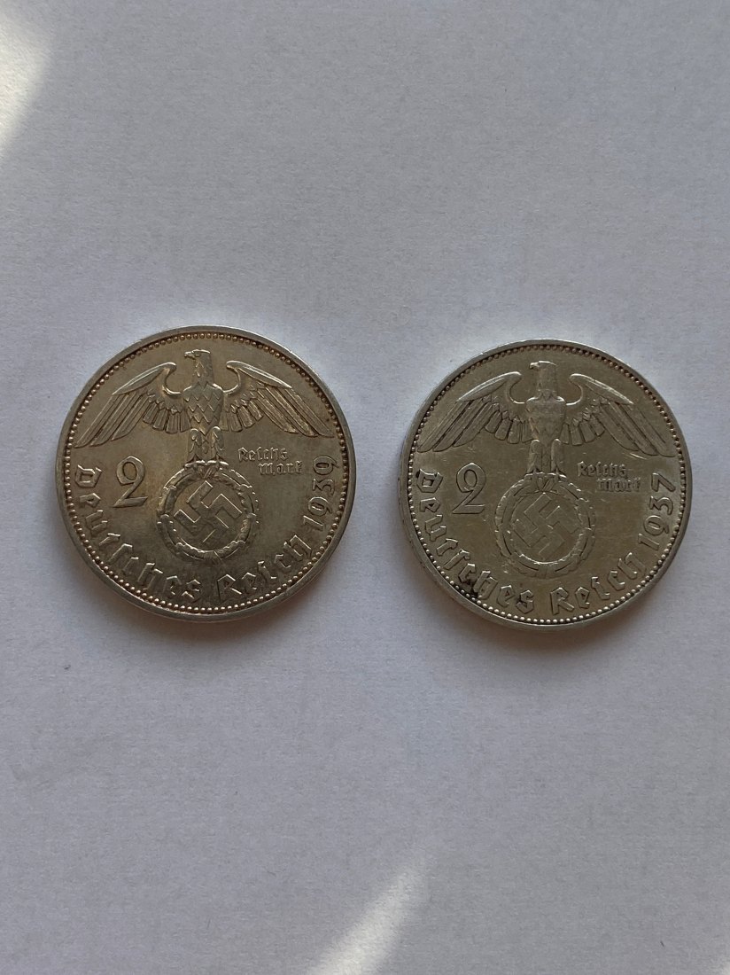  2 x 2  Deutsche Reichsmark, Hindenburg, 1937 + 1939   