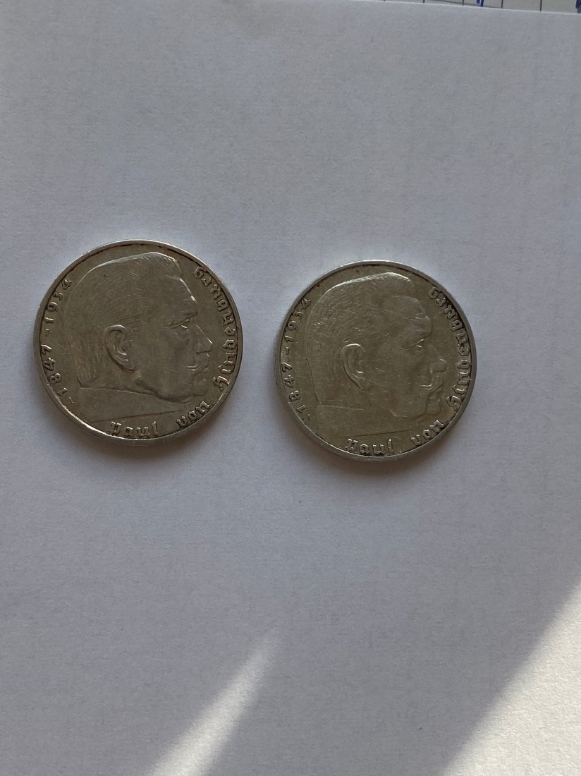  2 x 2  Deutsche Reichsmark, Hindenburg, 1937 + 1939   