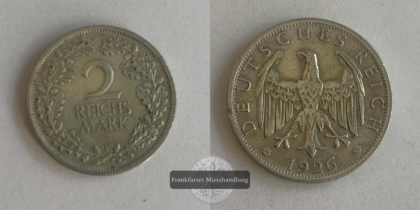  Deutschland.  2 Reichsmark 1926 F FM-Frankfurt KM#45 feinsilber: 5g   