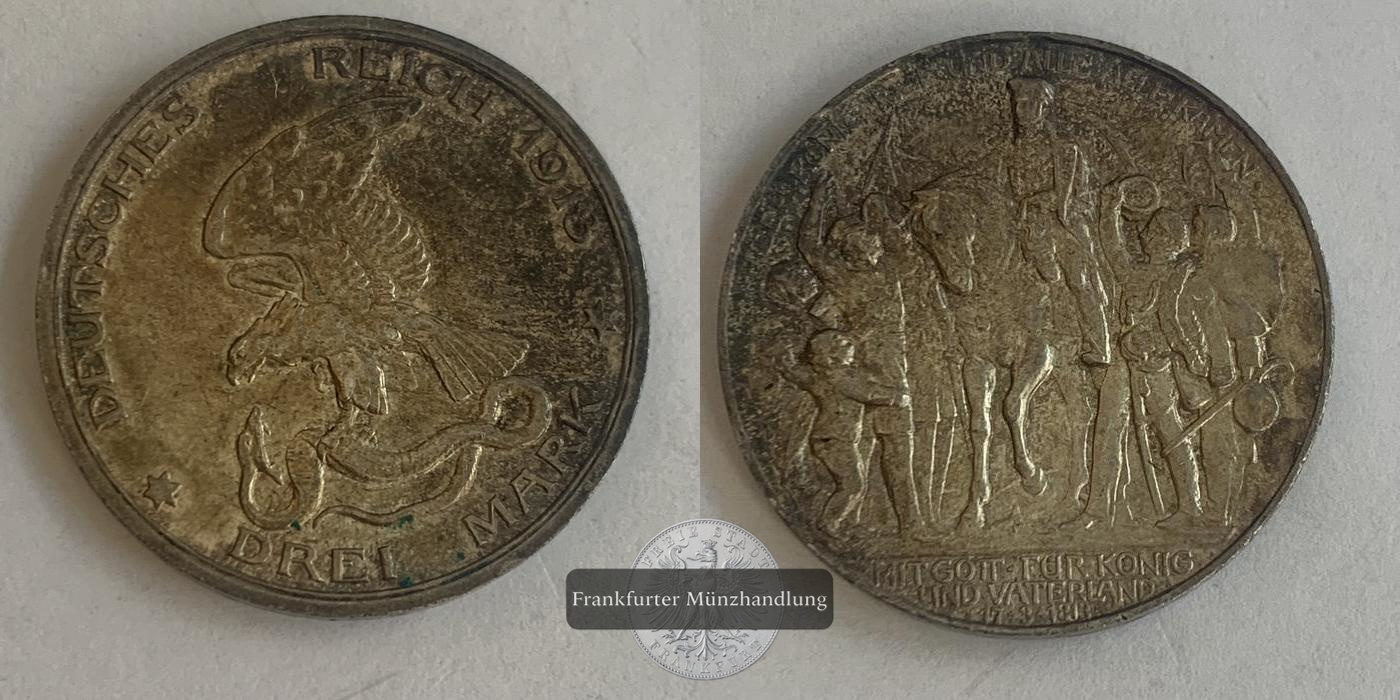  Dt. Kaiserreich Preussen, Wilhelm II. 3 Mark 1913 FM-Frankfurt KM#534 Feinsilber: 15g   