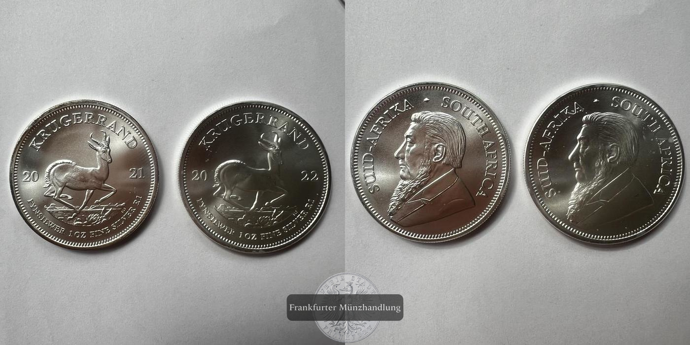  Süd Afrika 1 Rand 1x 2021 1x 2022 Silber-Krügerrand FM-Frankfurt KM#691 Feinsilber: 62,2g   
