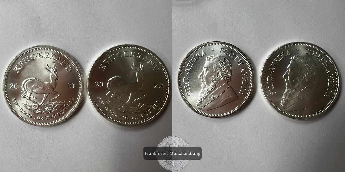  Süd Afrika 1 Rand 1x 2021 1x 2022 Silber-Krügerrand FM-Frankfurt KM#691 Feinsilber: 62,2g   