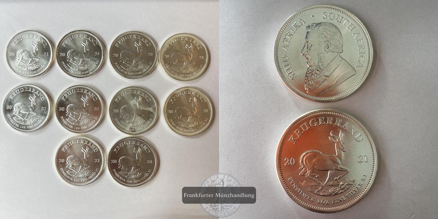  LOT: Süd Afrika 1 Rand 10x 2021 Silber-Krügerrand FM-Frankfurt KM#691 Feinsilber: 310,7g   