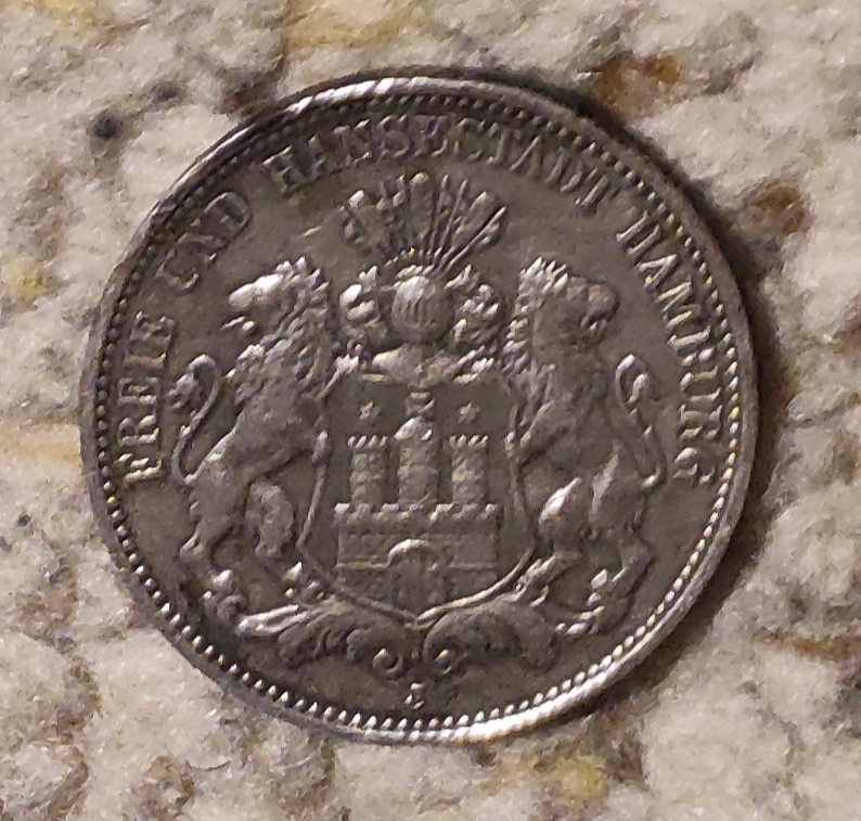  Hamburg 3 Mark 1909, SILBER. Randbeschriftung'GOTT MIT UNS'   