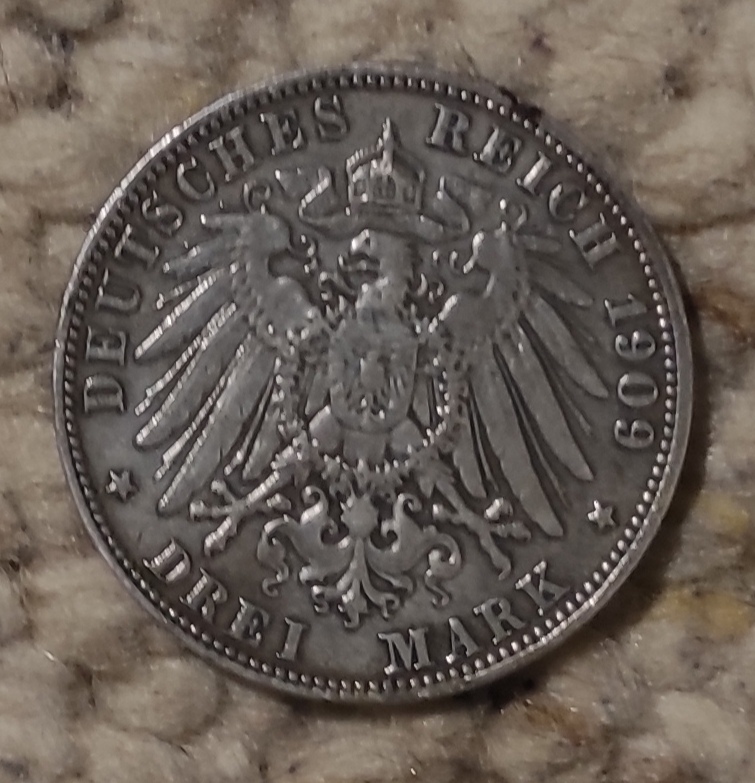  Hamburg 3 Mark 1909, SILBER. Randbeschriftung'GOTT MIT UNS'   
