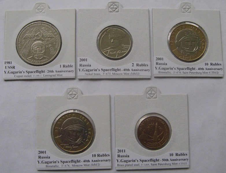  1981-2011,set 5 Soviet/Russian coins- Anniversaries of space flight Y. Gagarin   