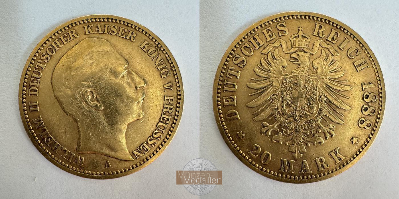  Dt. Reich Preußen 20 Mark William II 1888 (1888-89) 'A' MM-Frankfurt KM#516 Feingold: 7,17g   