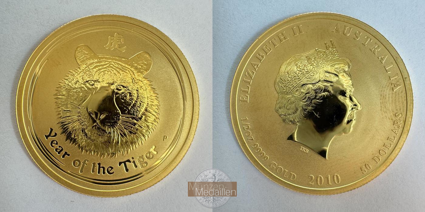 Australien 50 Dollar MM-Frankfurt KM#1376 Feingold: 15,55g Jahr des Tigers 2010 