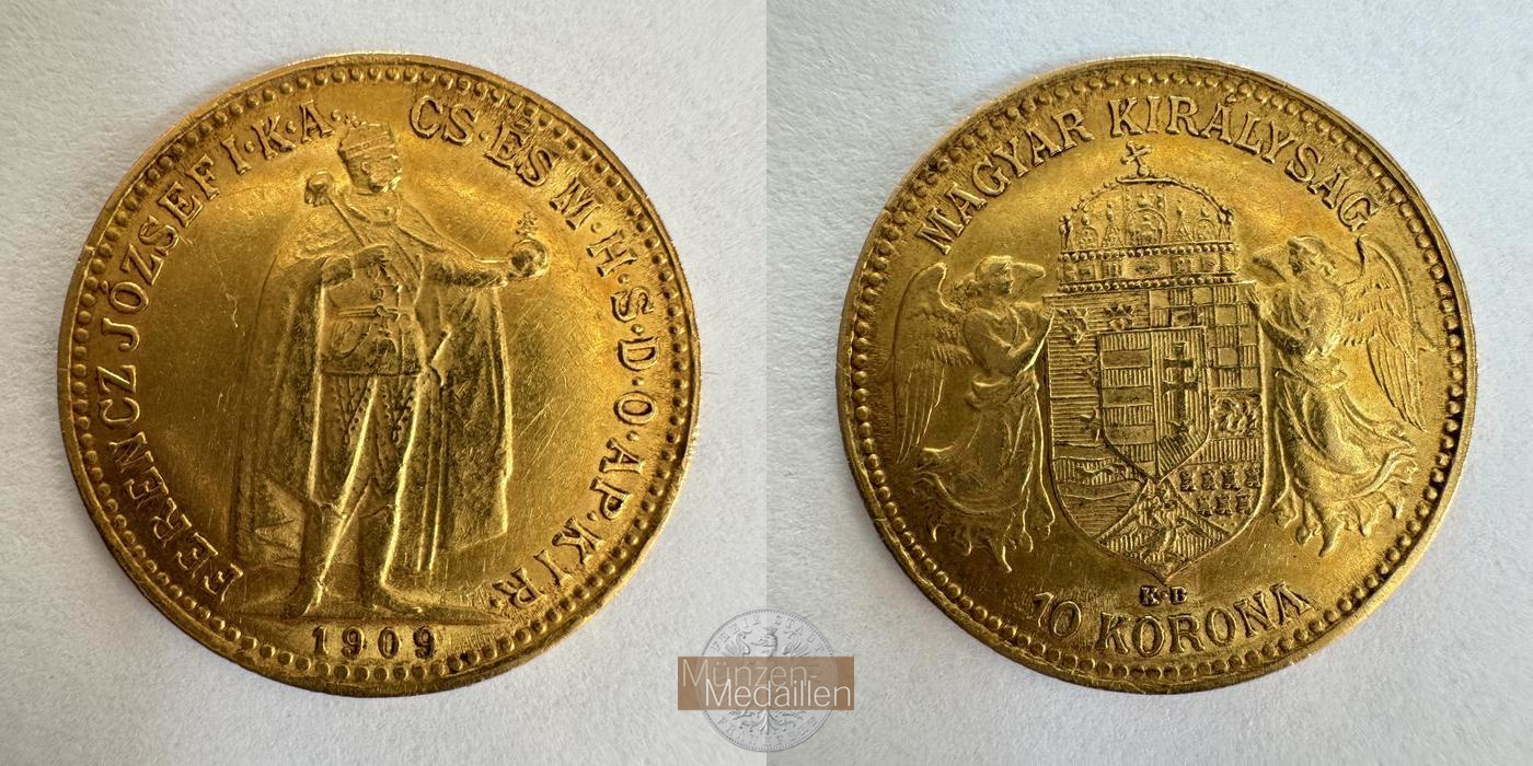 Ungarn, Franz Joseph I (1848-1916) MM-Frankfurt KM#485 Feingold: 3,05g 10 Korona 1909 