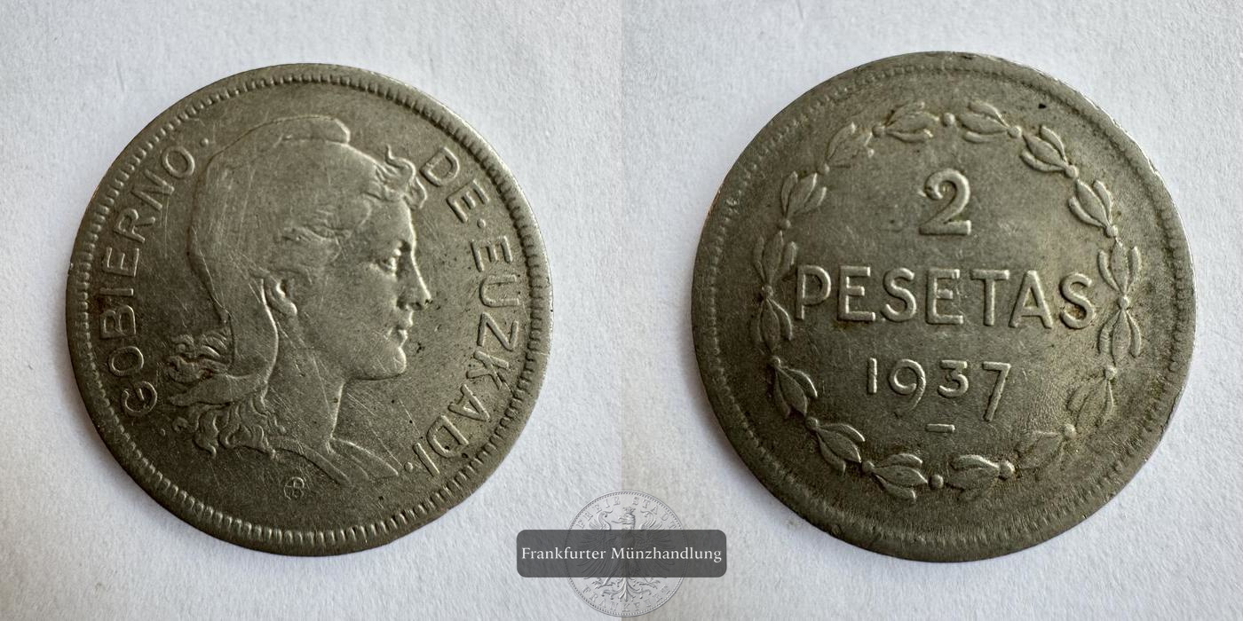  Spanien 2 Pesetas (Euzkadi) 1937 FM-Frankfurt KM#2 Nickel: 8,5g   