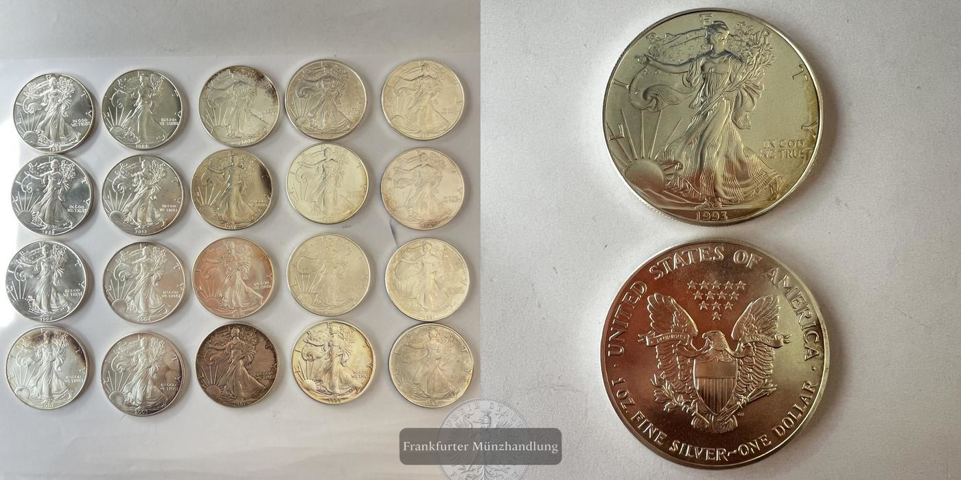  LOT: USA 20x 1 Dollar Div. Jahrgänge 1986-2021 Walking Liberty FM-Frankfurt KM#273 Feinsilber: 622g   