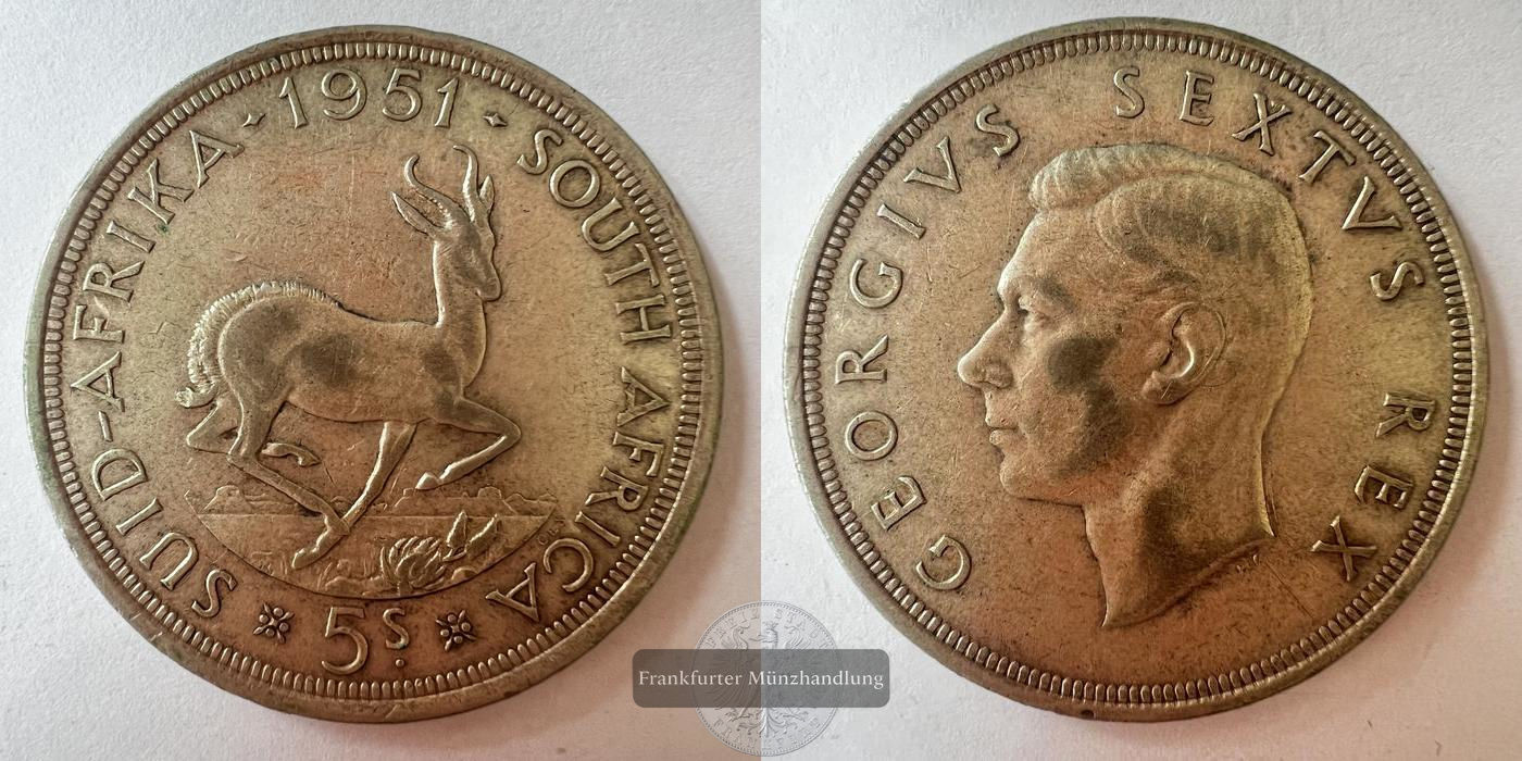  Süd Afrika 5 Shillings 1951 - George VI FM-FRANKFURT KM#40.2 Feinsilber: 14,14g   