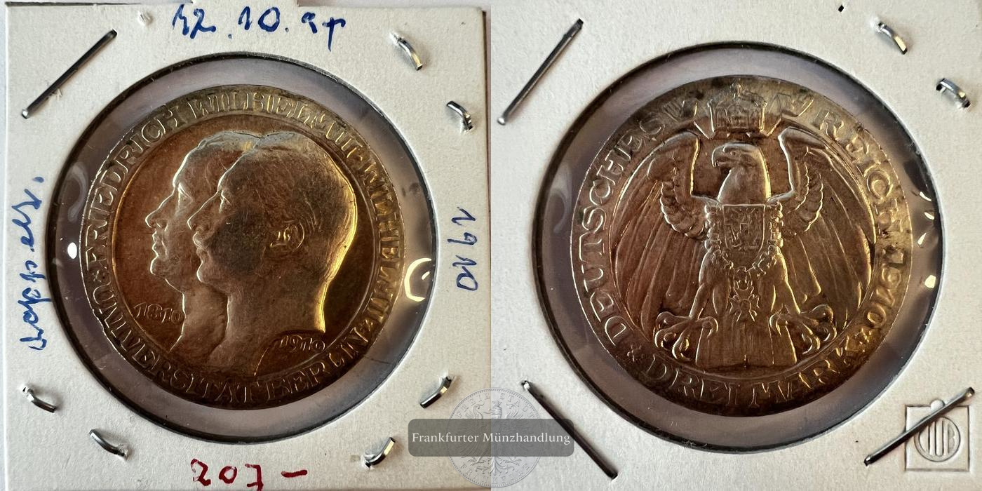 Kaiserreich 3 Mark - William II 1910 (University of Berlin) FM-Frankfurt KM#530 Feinsilber: 15g   