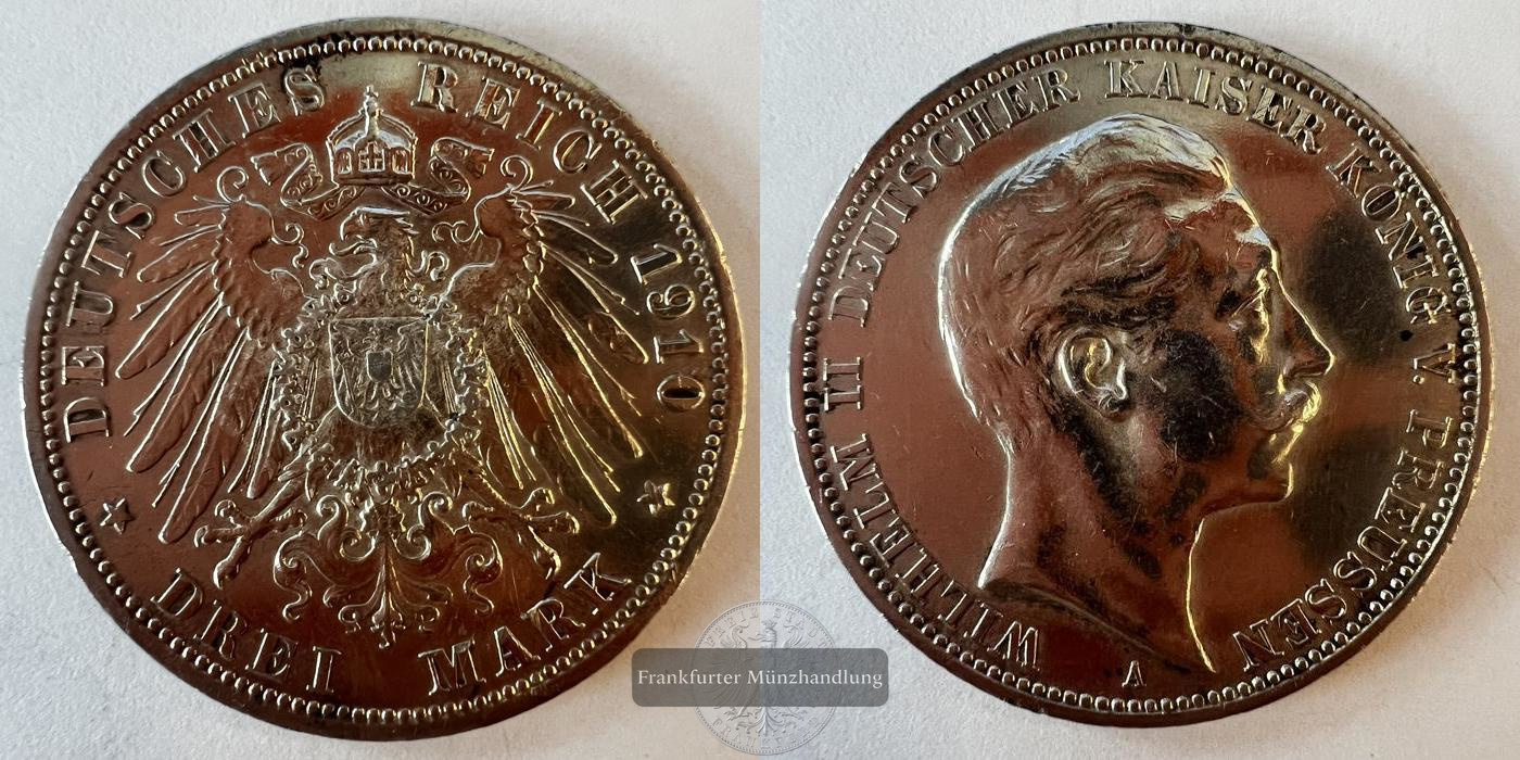  Dt. Kaiserreich, Preussen 3 Mark 1910 'A' Wilhelm II FM-Frankfurt KM#527 Feinsilber: 15g   