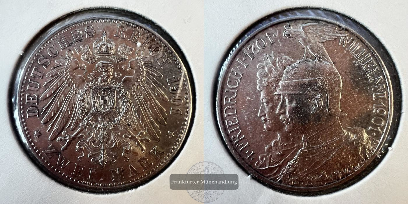  Dt. Kaiserreich 2 Marks - William II 1901 (Kingdom of Prussia) FM-Frankfurt KM#525 Feinsilber: 10g   