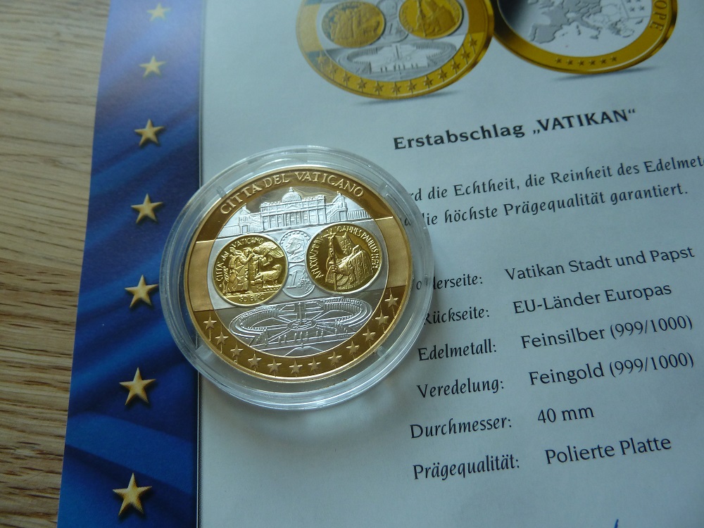 Vatikan Silbermedaille EA/ 20,1 Gramm .999 Silber PP/ Gildet 50 Euro .999 Gold   