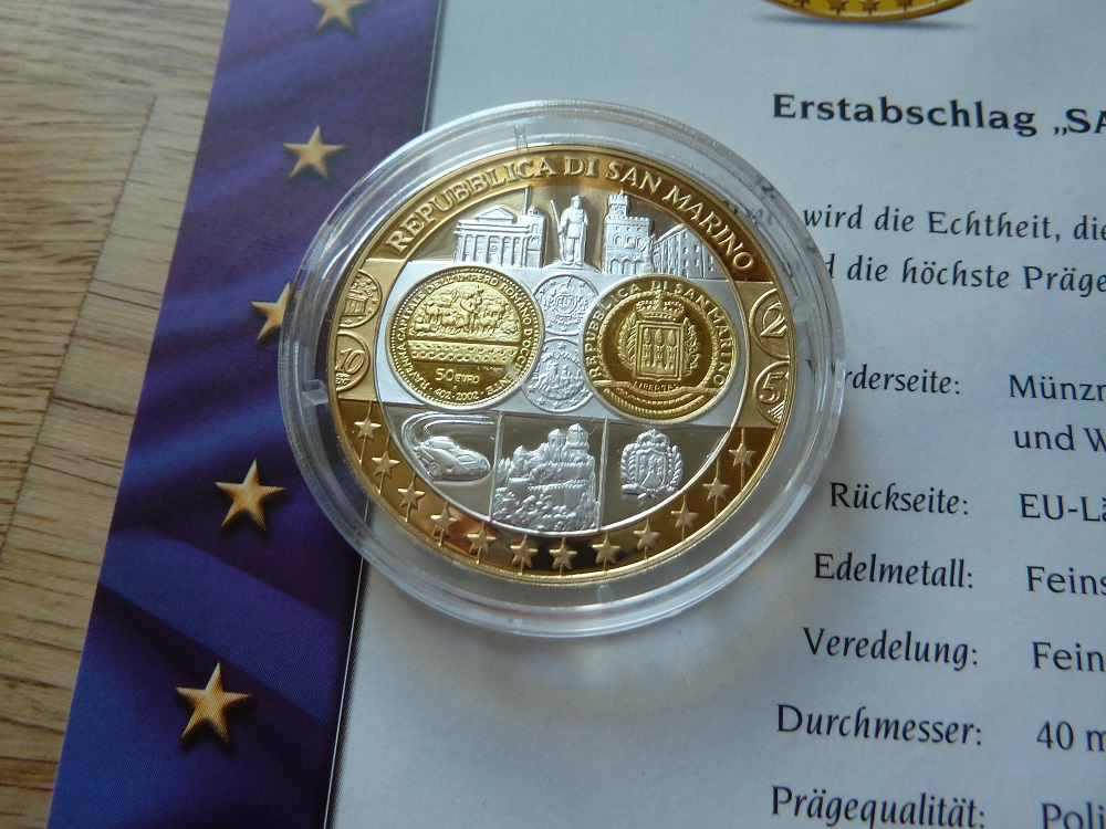  San Marino Silbermedaille EA/ 20 Gramm .999 Silber PP/ Gildet 50 Euro .999 Gold   