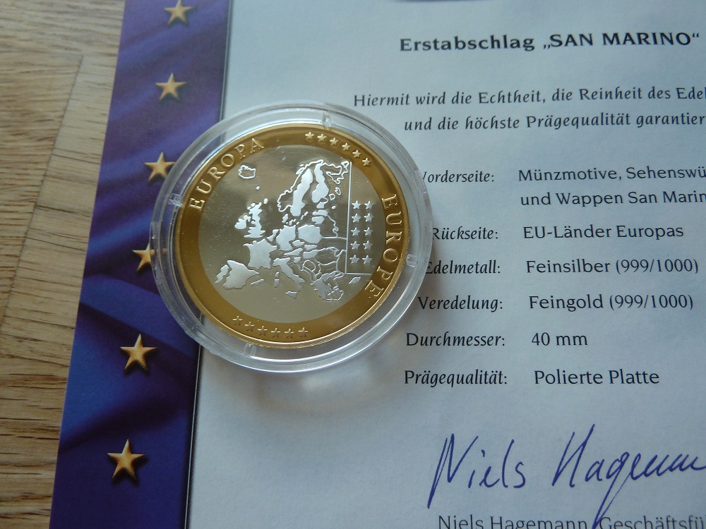  San Marino Silbermedaille EA/ 20 Gramm .999 Silber PP/ Gildet 50 Euro .999 Gold   