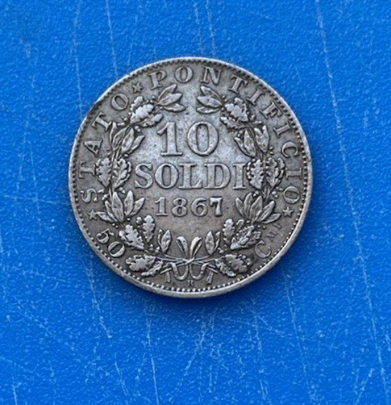  SILBER - Kirchenstaat 10 Soldi (50 Centesimi) 1867 Anno XXII Papst Pius IX.   