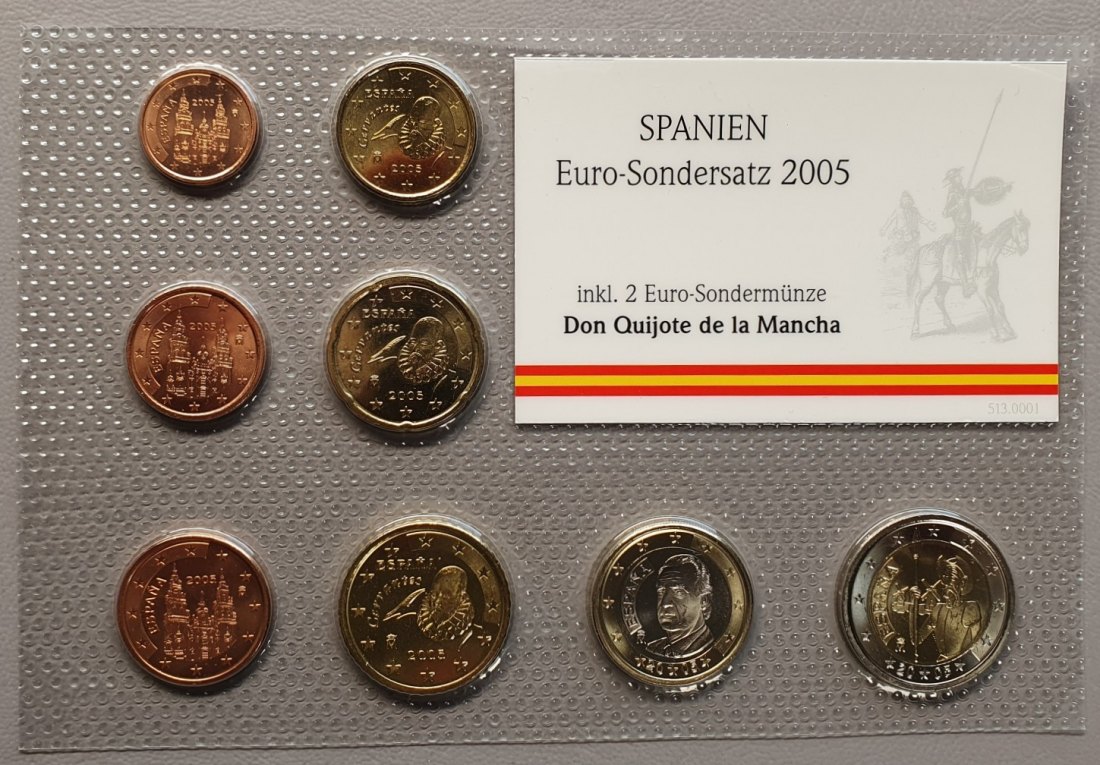 Spanien Euro-Sondersatz 2005 inkl. 2 Euro-Sondermünze Don Quijote de la Mancha in Noppenfolie