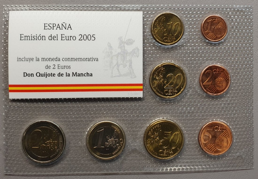  Spanien Euro-Sondersatz 2005 inkl. 2 Euro-Sondermünze Don Quijote de la Mancha in Noppenfolie   