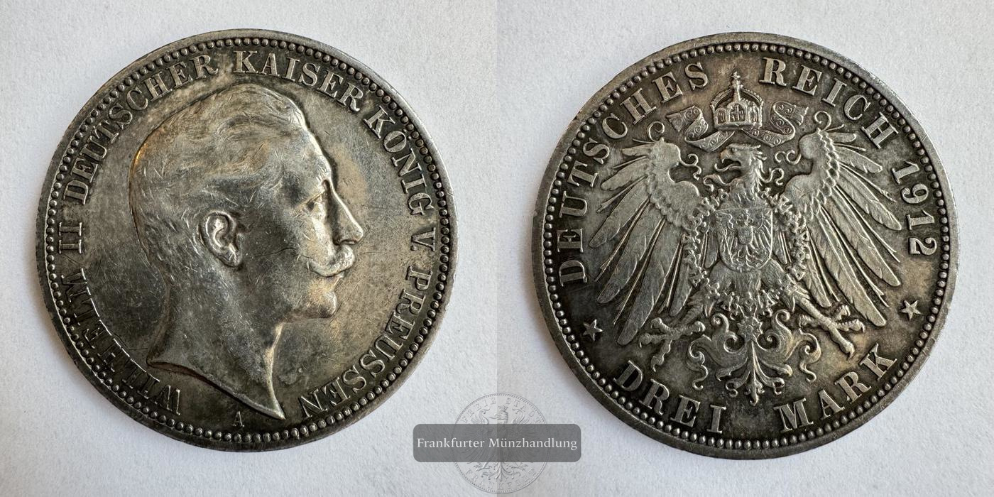 Dt. Kaiserreich, Preussen 3 Mark 1912 'A' Wilhelm II FM-Frankfurt KM#527 Feinsilber: 15g   