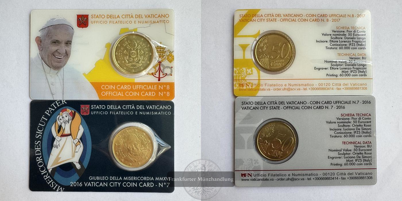  Vatikanstadt 2x 50 Cent Offizielle Münzkarten 2016 & 2017 FM-Frankfurt   