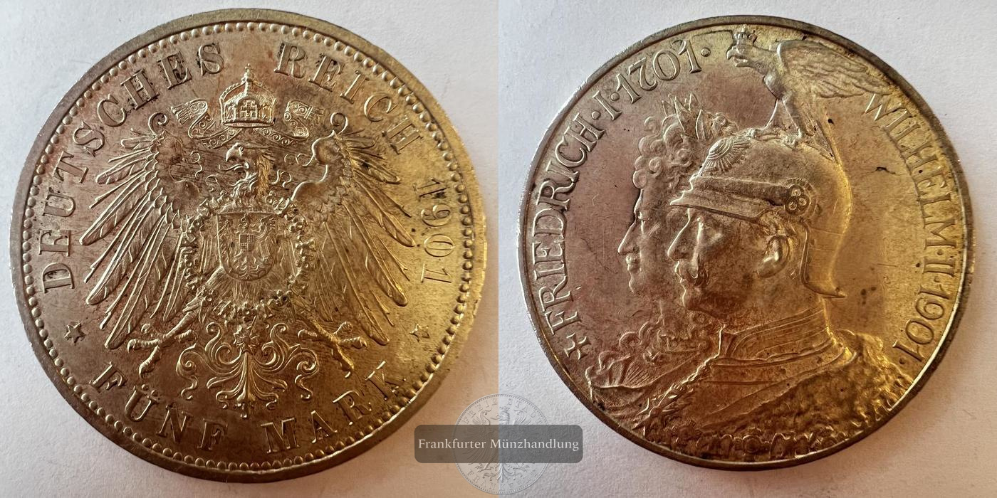  Deutschland Kaiserreich Preussen 5 Mark 1901 Wilhelm II. FM-Frankfurt KM#526 Feinsilber: 25g   