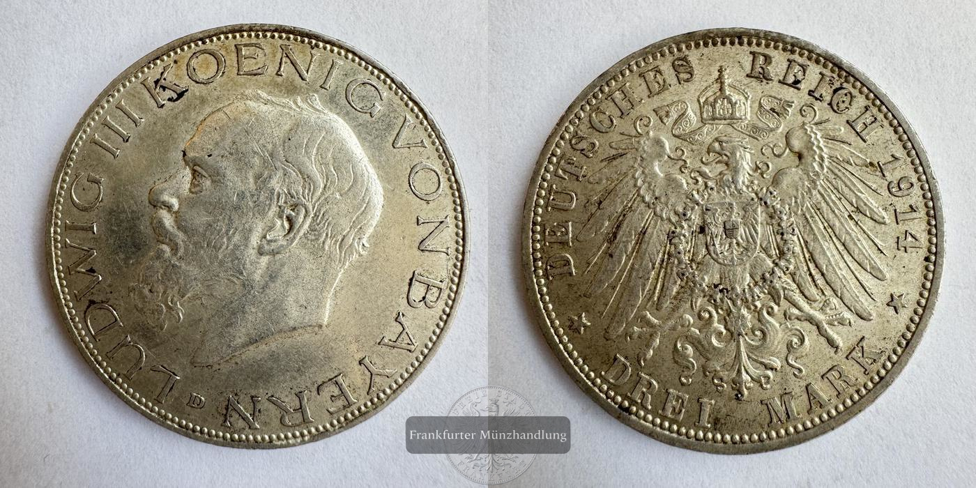  Altdeutschland Bayern, 3 Mark Louis III 1914 'D' FM-Frankfurt KM#1005 Feinsilber: 15g   