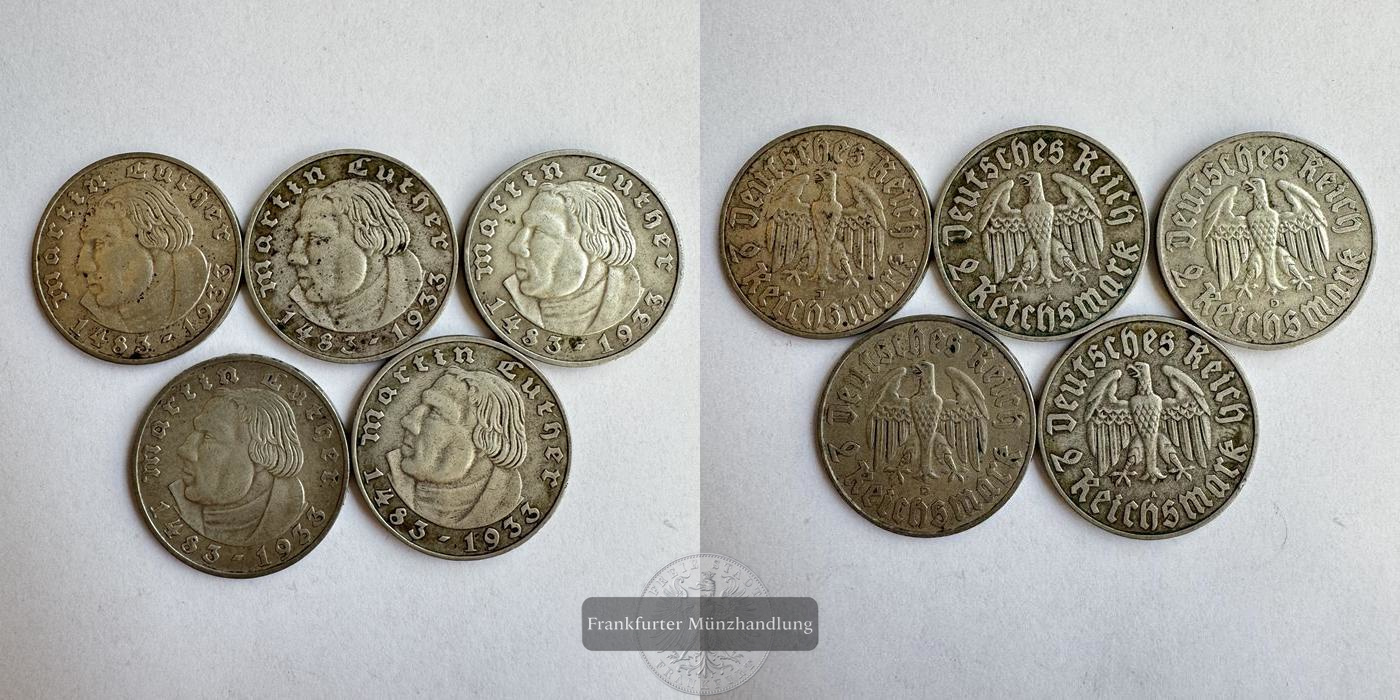  Dt. Reich 5 x 2 Reichsmark (Martin Luther) 1933 FM-Frankfurt KM#80 Feinsilber: zus. 25g   