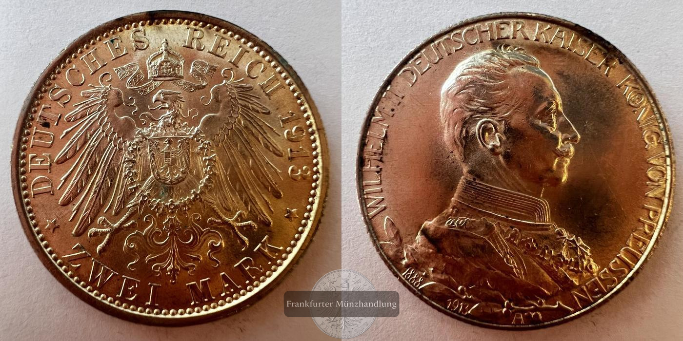  Deutsches Kaiserreich 2 Mark 1913 'A' Wilhelm II FM-Frankfurt KM#533 Feinsilber: 10g   
