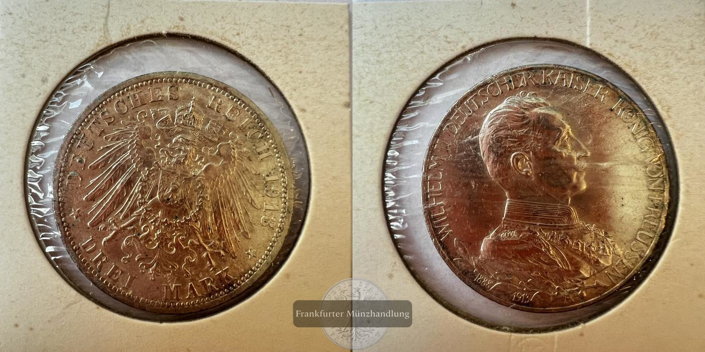  Dt. Kaiserreich. 3 Mark Wilhelm II Preußen 1913 Uniform 'A' FM-Frankfurt KM#538 Feinsilber: 15g   