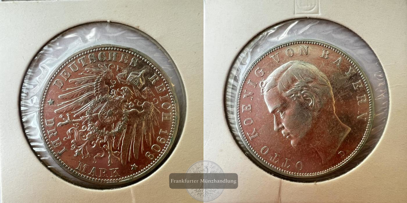  Dt. Kaiserreich Bayern 3 Mark 1909 Otto 'D' FM-Frankfurt KM#996 Feinsilber: 15g   