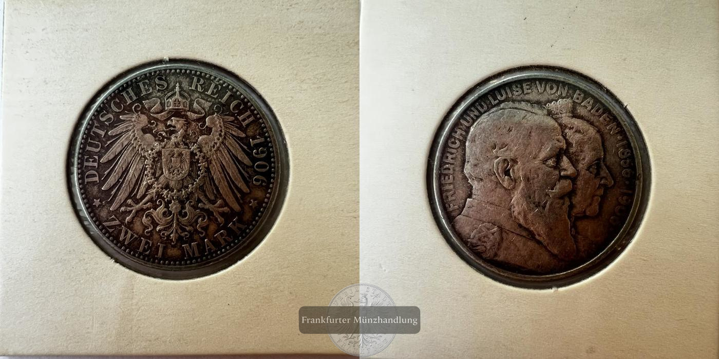  Deutsches Kaiserreich Baden 2 Marks 1906 Hochzeit FM-Frankfurt KM#276 Feinsilber: 10g   