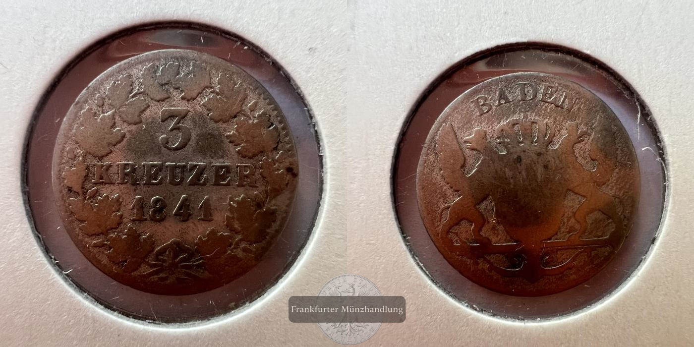  Großherzogtum Baden 3 Kreuzers - Leopold I 1841 FM-FRANKFURT KM#211 Feinsilber: 0,433g   