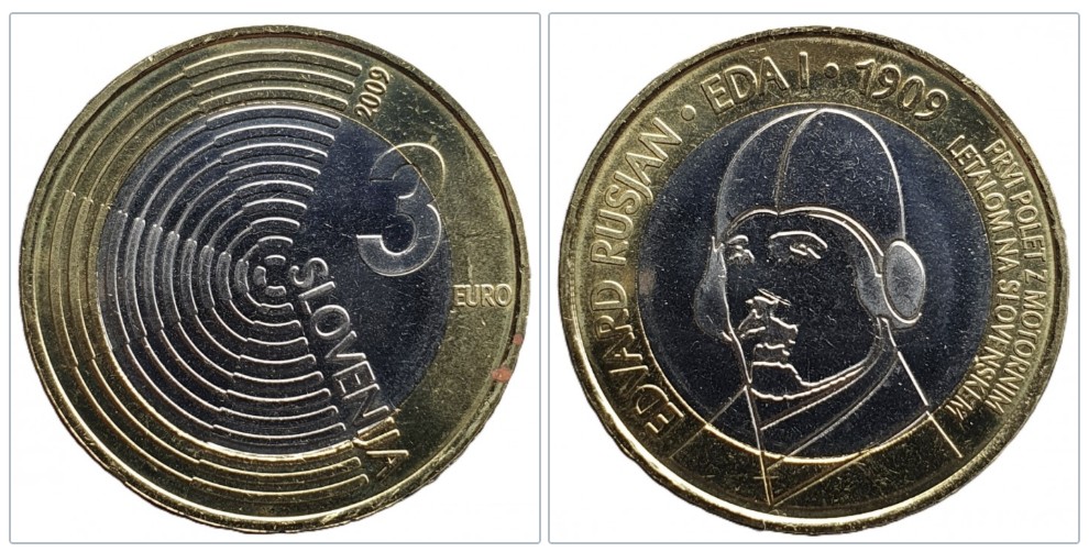  Slowenien 3 Euro 2009 Edvard Rusjan - Eda I 100 Jahre erster Flug Bimetall   