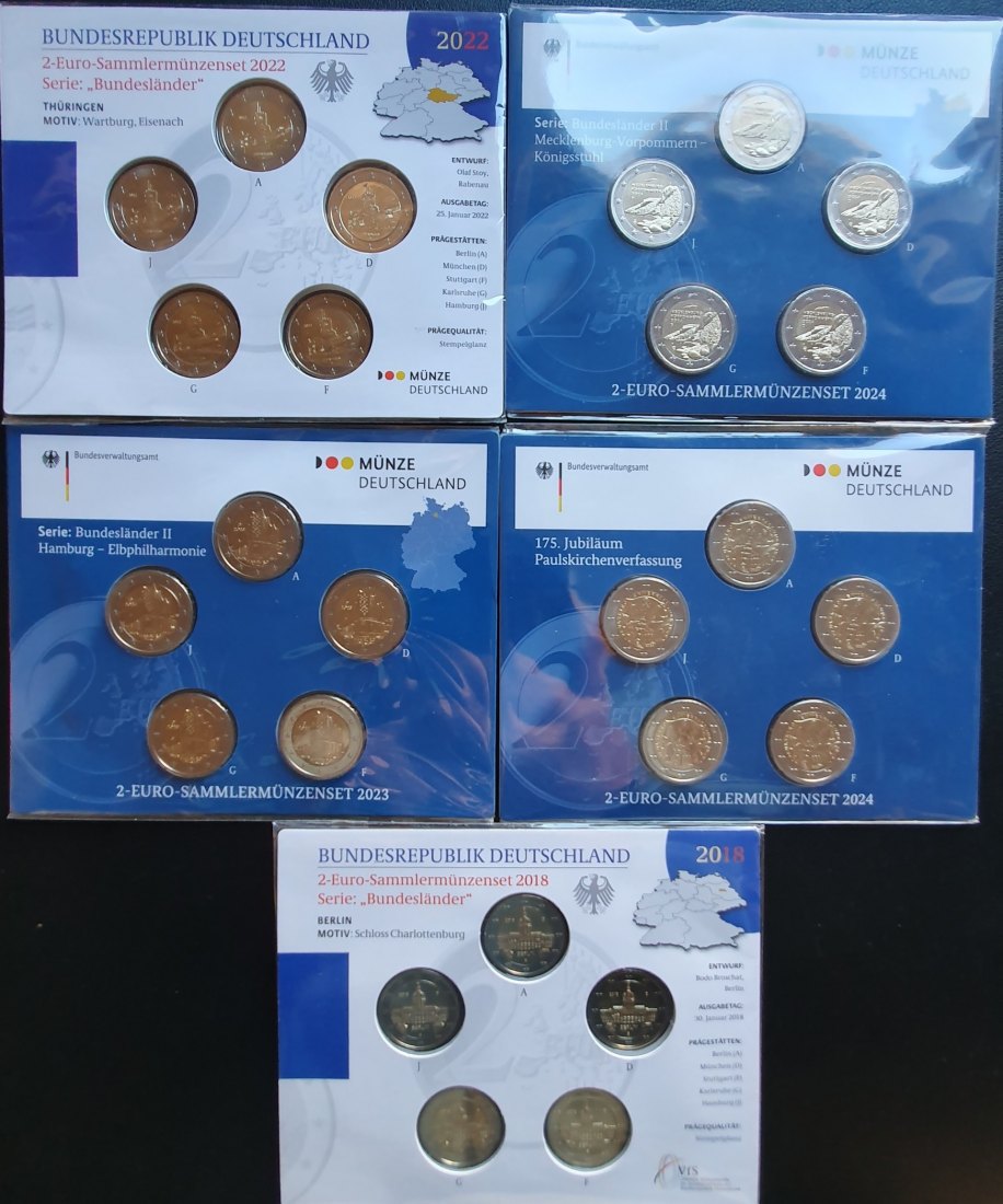  Deutschland 5 x Sammlermünzset a 5 x 2 Euro insgesamt 50 Euro Nennwert   