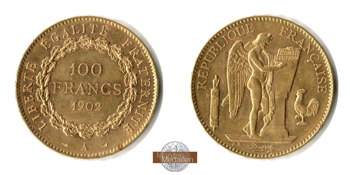 Frankreich MM-Frankfurt Feingold: 29,03g 100 Francs 1900 A 