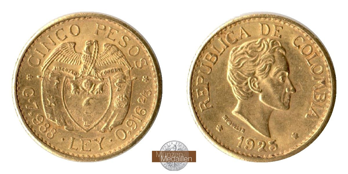 Kolumbien Feingold: 7,32g 5 Pesos 1925 