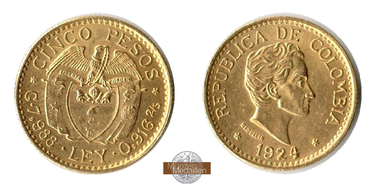 Kolumbien. Feingold: 7,32g 5 Pesos 1924 